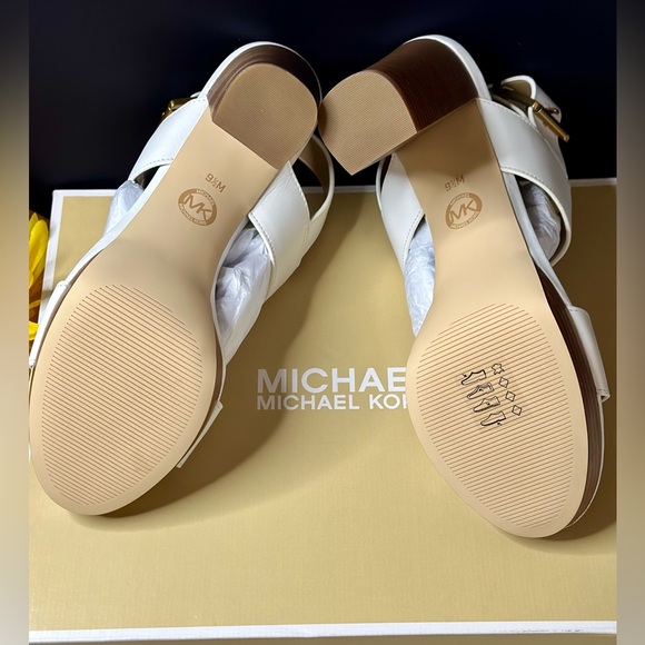 New Michael Kors Becker T Strap Leather Rare Optic White Block Heel 9.5M w/Box - Picture 15 of 16
